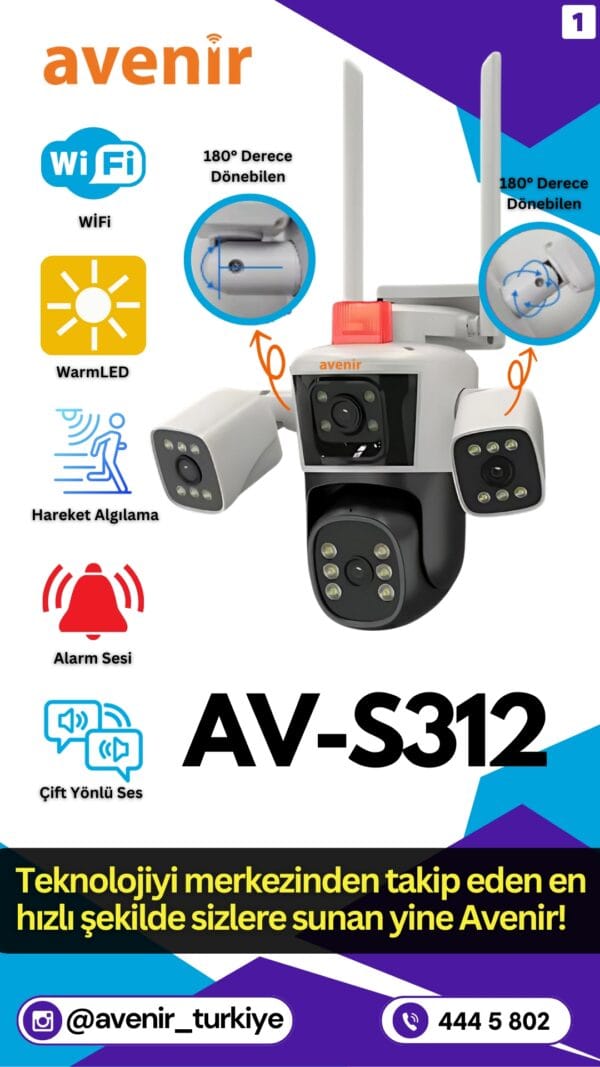 Avenir AV-S312 WiFi PTZ Kamera | 12MP Ultra HD 3 Kameralı IP Kamera, Hareket Takibi, Mobil Bildirim - Görsel 2