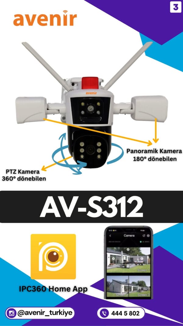 Avenir AV-S312 WiFi PTZ Kamera | 12MP Ultra HD 3 Kameralı IP Kamera, Hareket Takibi, Mobil Bildirim - Görsel 3