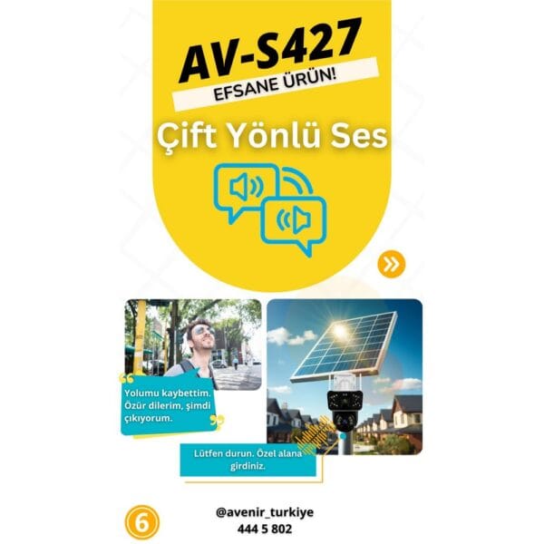 Avenir AV-S427H 6MP 2 Kameralı Solar PTZ 4G Sim Kartlı 256 GB SD Kart Desteği IP PTZ Kamera HiEasy Uygulama - Görsel 3