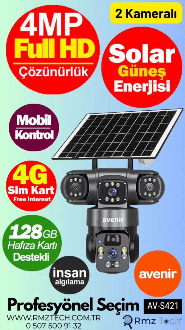 AVENİR AV-S421 4MP 2 Kameralı Solar PTZ 4G Sim Kartlı Kamera