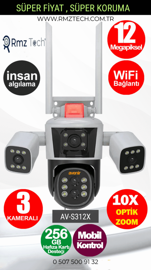 Avenir AV-S312X 12 MP 10X OPTİK ZOOMLU 3 LENSLİ WİFİ IP PTZ KAMERASI