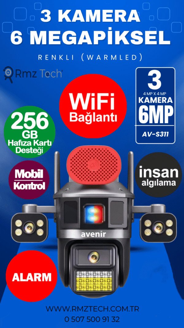 Avenir AV-S311 WİFİ'Lİ SİRENLİ 6MP 3 KAMERALI AKILLI PTZ KAMERA