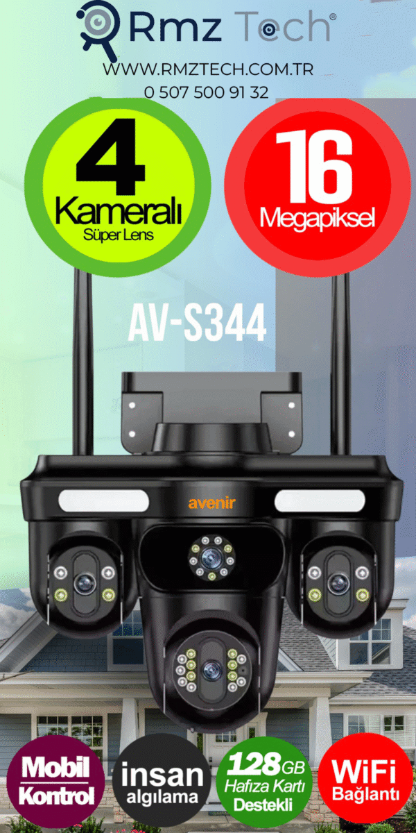 Avenir AV-S344 4 Kameralı 16MP PTZ Güvenlik Sistemi | Gece Renkli Görüş + WiFi + İnsan Takibi