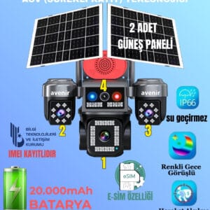 AVENİR AV-S945 AOV 4 Kameralı Renkli Gece Görüş E SİM Güneş Enerjili Sim Kartlı 4G Kamera