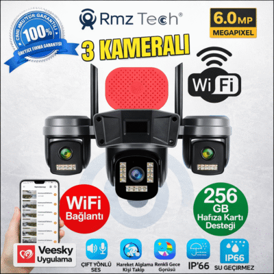 Avenir S308 6MP 3 KAMERALI SİRENLİ WİFİLİ RENKLİ GECE GÖRÜŞ PTZ KAMERA