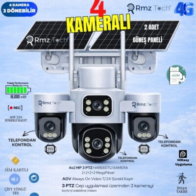 İNOX X24 4 KAMERALI 2+2+2+2 8MP 4 LENSLİ 3 MOTORLU ESİM 4G SOLAR SİM KARTLI KAMERA ÇİFT PANELLİ