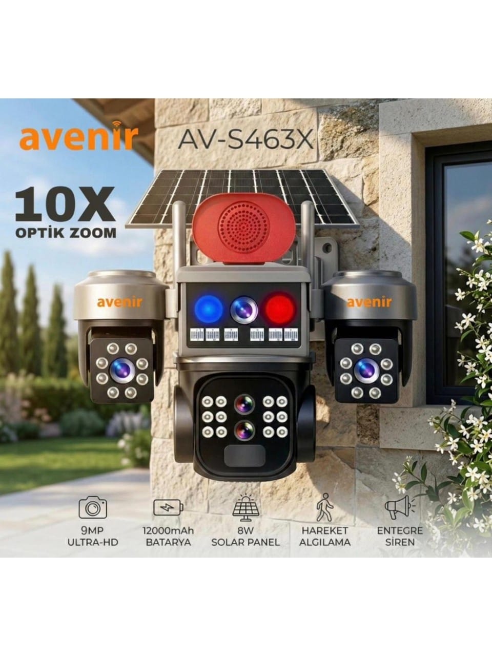 Avenir S463X 10X ZOOM SIM Kartlı 3 Kameralı 9MP 4g Güneş Enerjili Solar Kamera