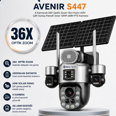 Avenir S447 12MP 4 Kameralı 36X Optik Zoom 4G eSIM Sim Kartlı Çift Solar Panelli PTZ Güvenlik Kamerası