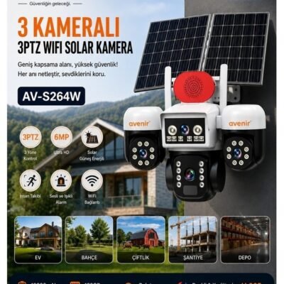 Avenir S264W 3 Kameralı 3PTZ WİFİ Solar Güvenlik Kamerası Çift Güneş Panelli