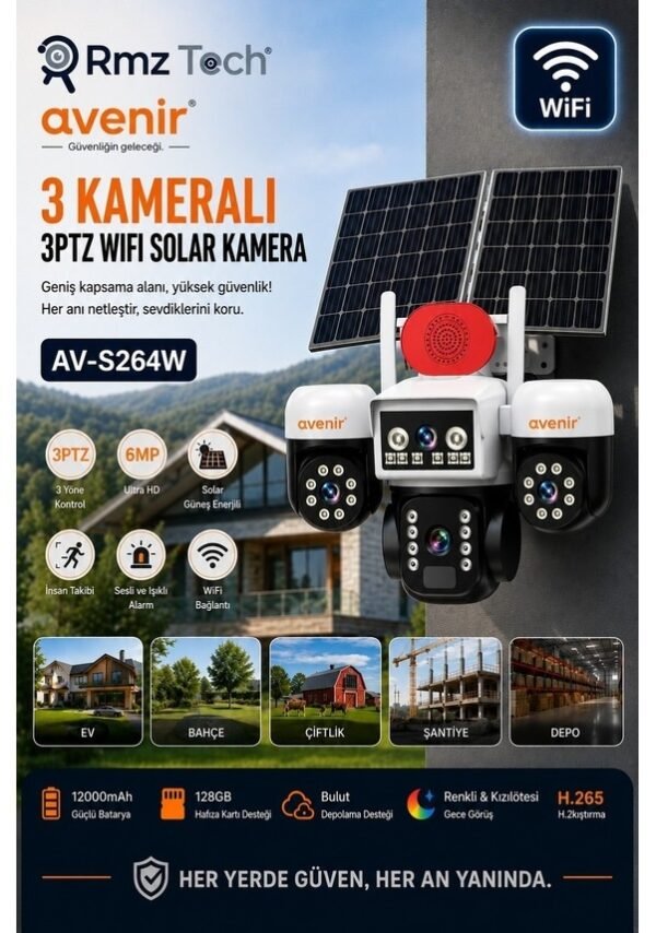 Avenir S264W 3 Kameralı 3PTZ WİFİ Solar Güvenlik Kamerası Çift Güneş Panelli