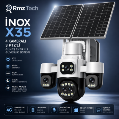 INOX X35 4 Kameralı 3 PTZ 10X Optik Zoom 4G eSIM  Solar PTZ Güvenlik Kamerası