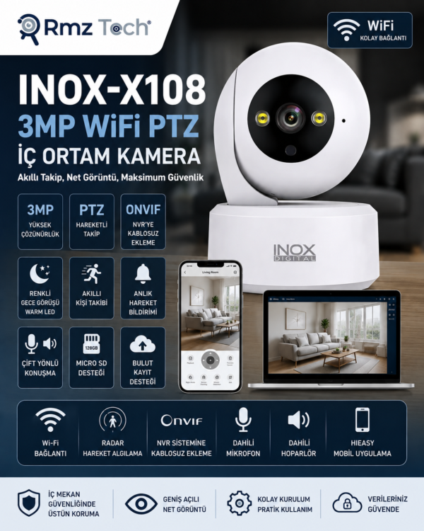 INOX X108 3MP WiFi İç Ortam PTZ Güvenlik Kamerası | ONVIF Destekli, Renkli Gece Görüşü, Kişi Takibi, Çift Yönlü Ses