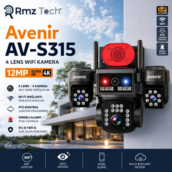 Avenir AV-S315 12 MP 4 Lens WiFi Güvenlik Kamerası | 4K Ultra HD PTZ Sirenli Alarm