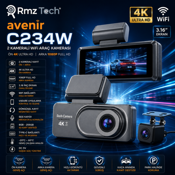 Avenir C234W 4K Ultra HD 2 Kameralı WiFi Araç Kamerası Ön 4K Arka 1080P Viidure