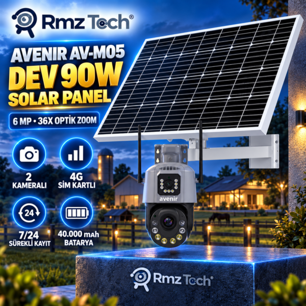 Avenir AV-M05 6 MP 36X Optik Zoom 2 Kameralı 4G SIM Kartlı 90W Solar Güvenlik Kamerası