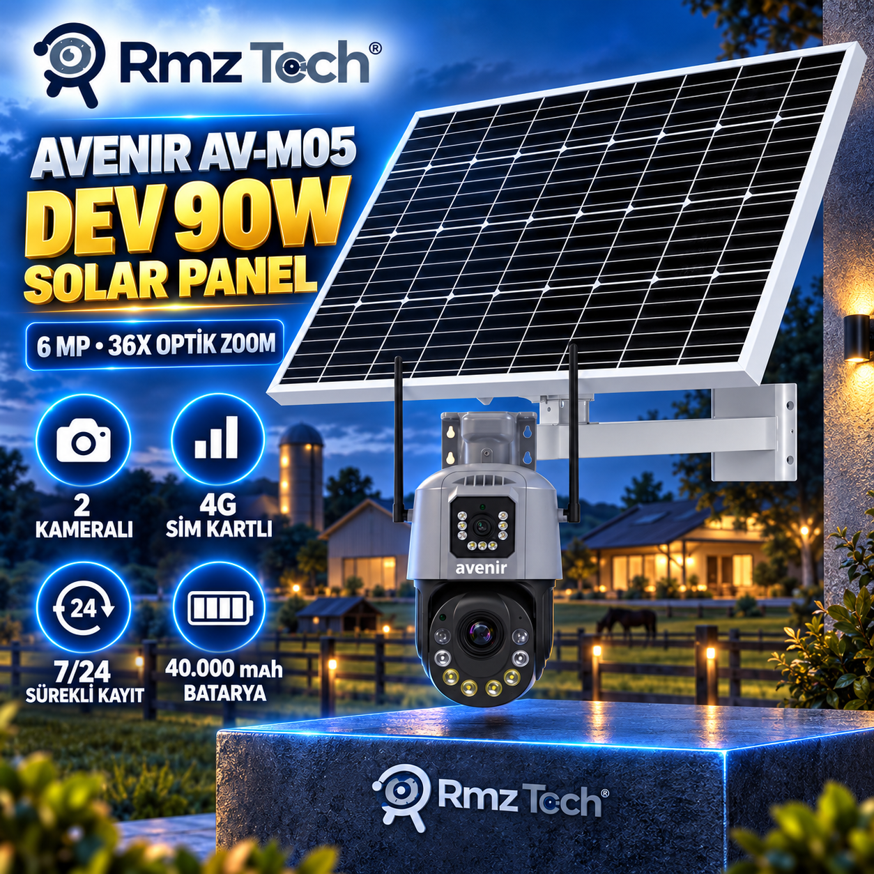 Avenir AV-M05 6 MP 36X Optik Zoom 2 Kameralı 4G SIM Kartlı 90W Solar Güvenlik Kamerası