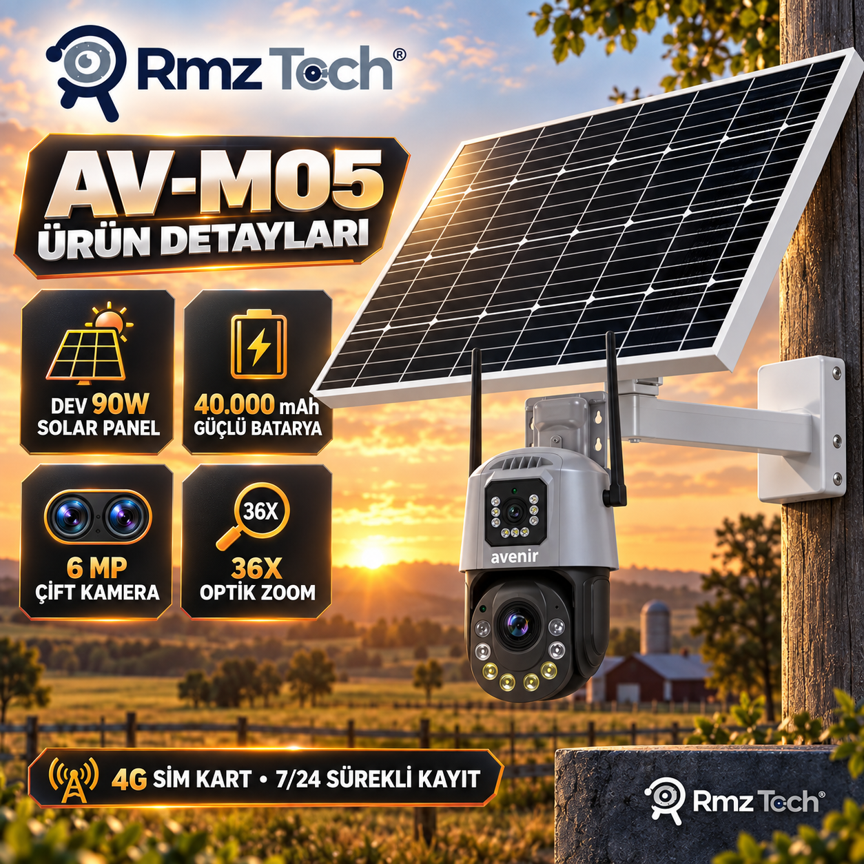 Avenir AV-M05 6 MP 36X Optik Zoom 2 Kameralı 4G SIM Kartlı 90W Solar Güvenlik Kamerası - Görsel 2
