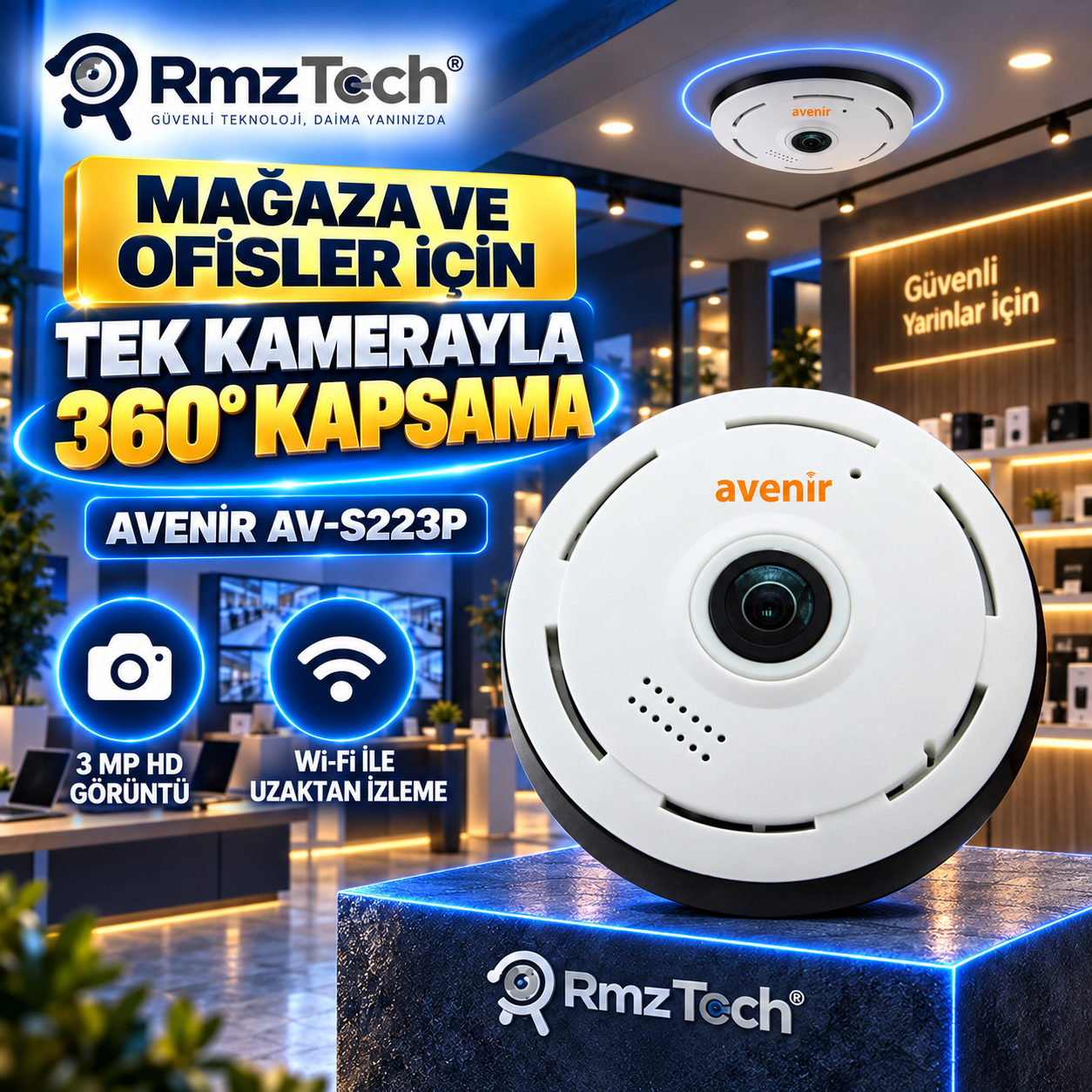 Avenir AV-S223P 3 MP 360° Panoramik Balıkgözü WiFi Kamera – V380 Uygulamalı Asansör, Ofis ve Mağaza Kamerası - Görsel 3