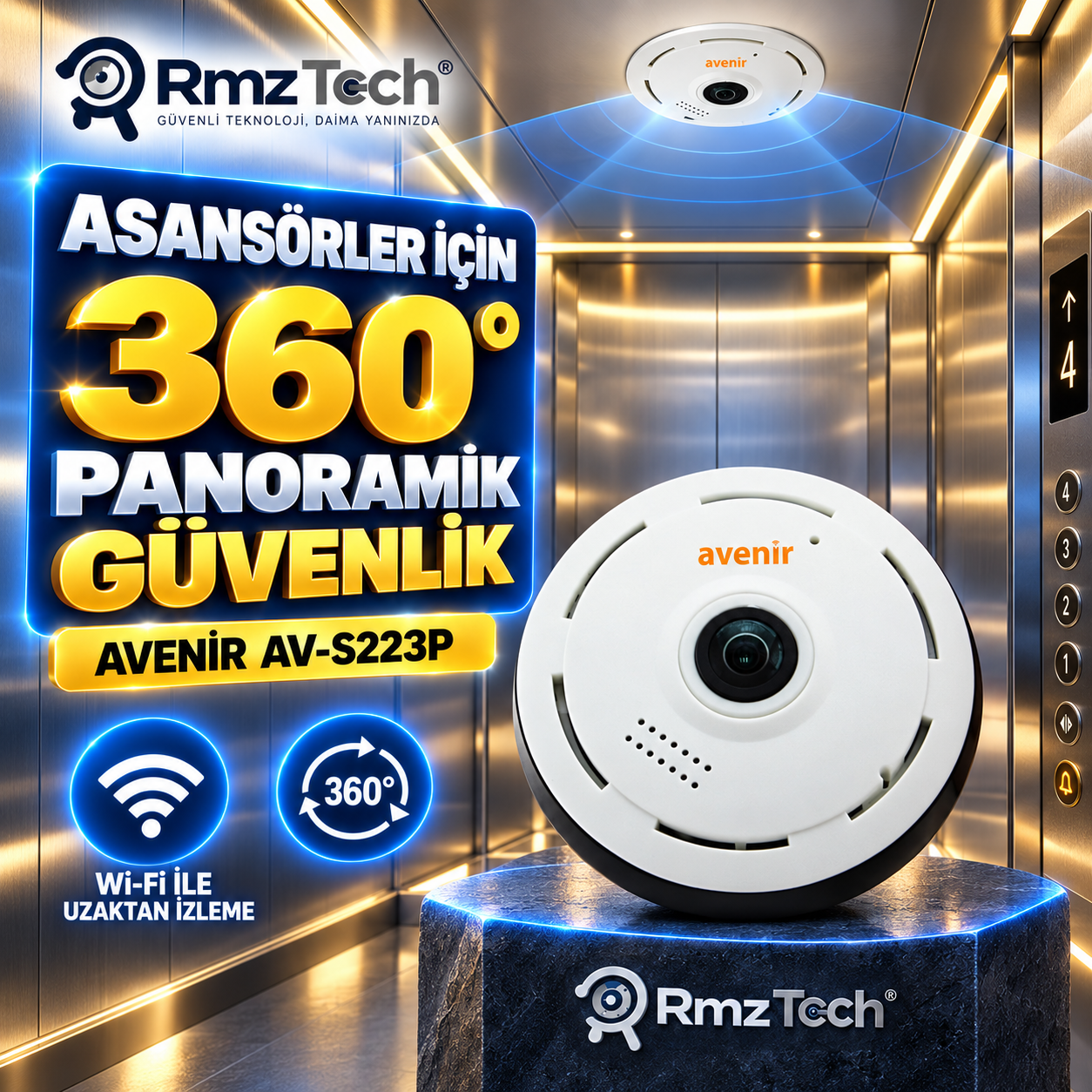 Avenir AV-S223P 3 MP 360° Panoramik Balıkgözü WiFi Kamera – V380 Uygulamalı Asansör, Ofis ve Mağaza Kamerası - Görsel 2