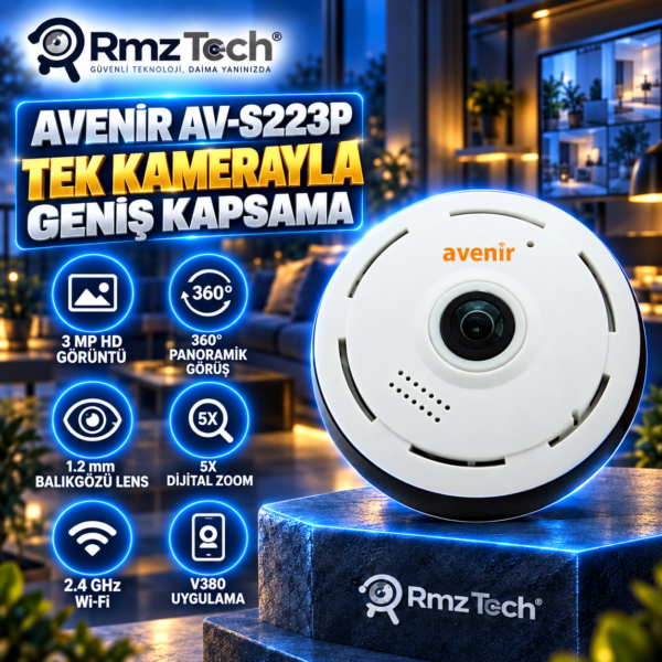 Avenir AV-S223P 3 MP 360° Panoramik Balıkgözü WiFi Kamera – V380 Uygulamalı Asansör, Ofis ve Mağaza Kamerası