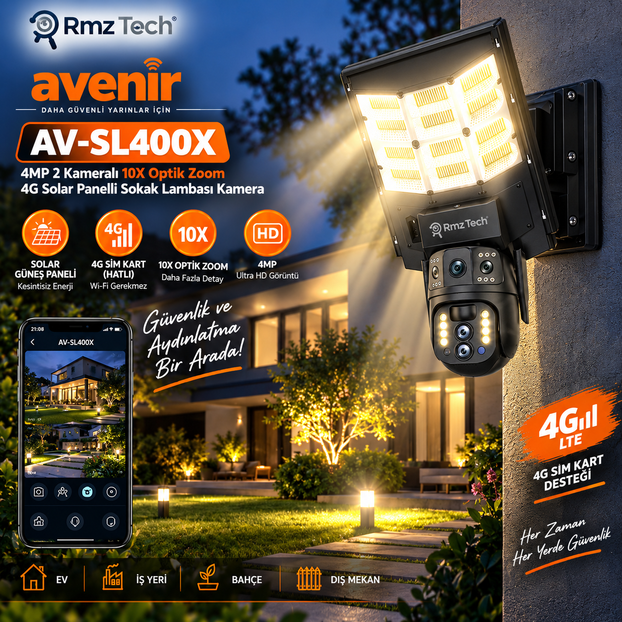 Avenir AV-SL400X 4MP 2 Kameralı 10X Optik Zoom 4G SIM Kartlı Solar Sokak Lambası Güvenlik Kamerası - Görsel 2