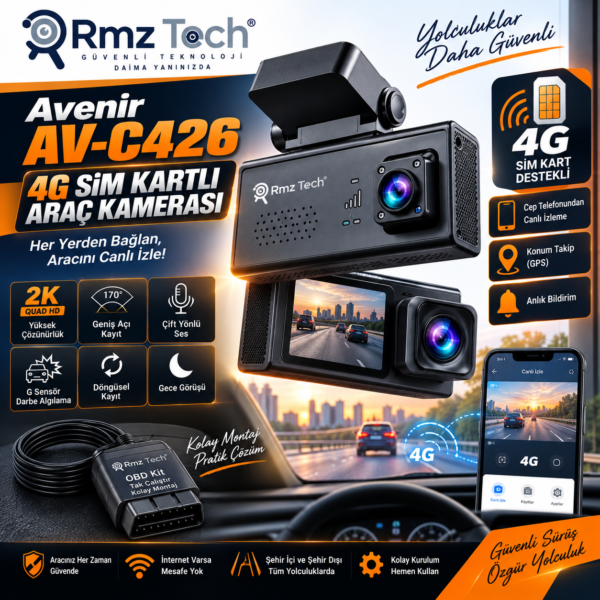 Avenir AV-C426 6MP 4G SIM Kartlı Araç Kamerası Çift Kamera GPS Konum Takip Canlı İzleme G-Sensör OBD Kit
