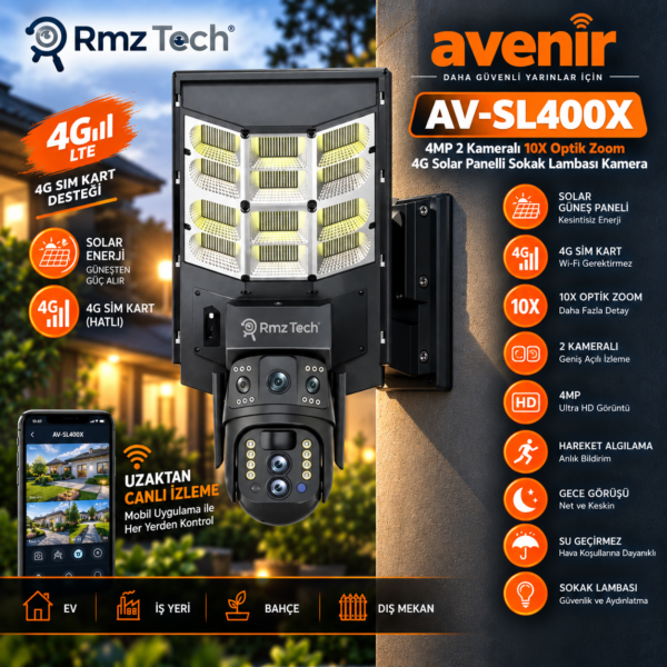 Avenir AV-SL400X 4MP 2 Kameralı 10X Optik Zoom 4G SIM Kartlı Solar Sokak Lambası Güvenlik Kamerası